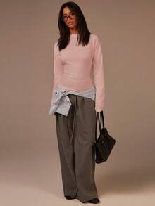 Athîral Women's Solid Color Minimalist Waist Cinching Long Sleeve T-Shirt - Baby Pink - View 3