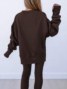 Women's Solid Color Round Neck Drop Shoulder Long Sleeve Cardigan, Versatile 2 Pieces Set - Coffee Brown - View 3
