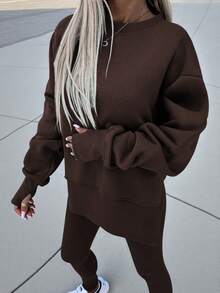 Women's Solid Color Round Neck Drop Shoulder Long Sleeve Cardigan, Versatile 2 Pieces Set - Coffee Brown - View 6