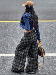 Coolane 女士休闲格子梭织宽松阔腿裤，秋季款 - 寶藍色 - 查看 4