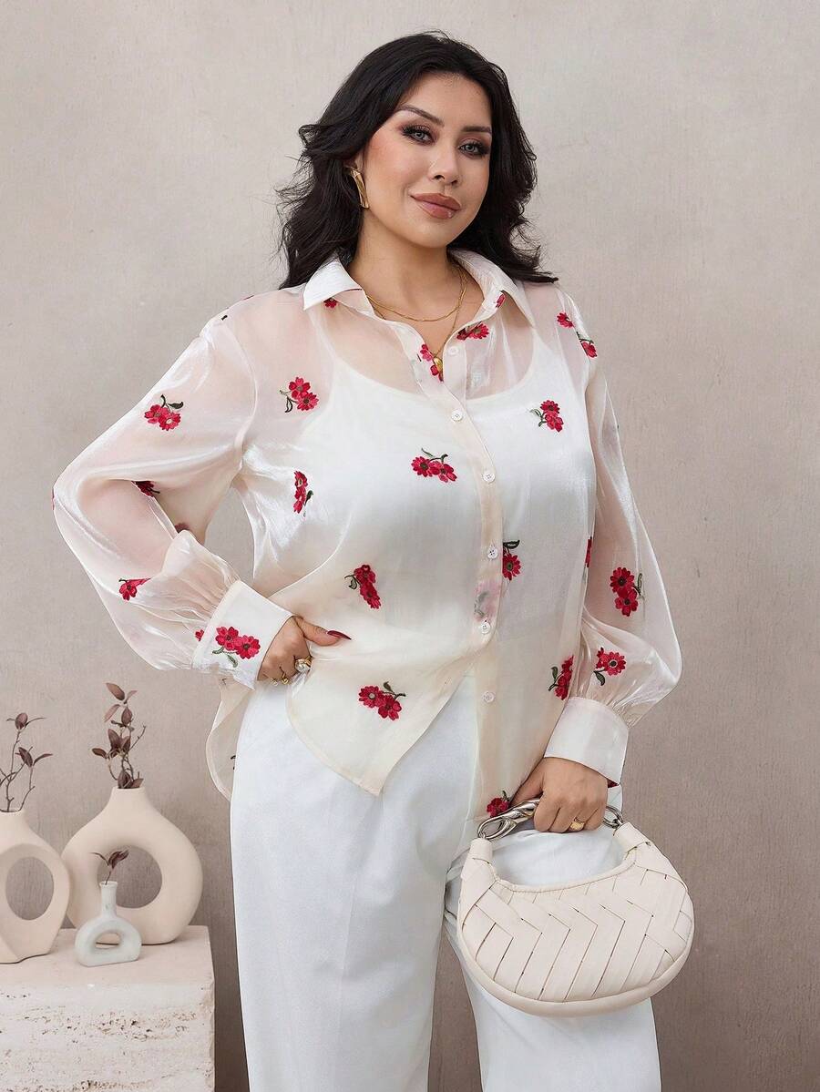 Modelyn Women's Plus Size Long Sleeve Elegant Floral Embroidery Blouse - Apricot - View 1