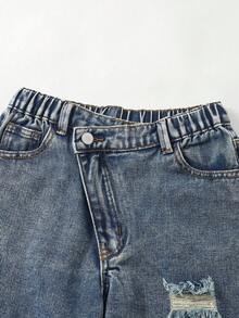 SHEIN 少女Y2K街头风休闲做旧不对称腰身柔软舒适浅蓝色牛仔裤，百搭日常穿搭，2025春夏新品上市 - 中等水洗藍 - 查看 4