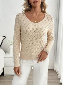 Louniche Damen Locker Lässig Diamant Jacquard Strukturierter Langarm Pullover, Einfarbig, Frühling/Sommer - Aprikosenfarben - Übersicht 3