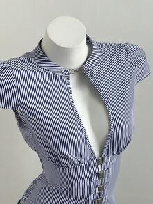 Elamini 条纹深V领优雅女士短袖衬衫 - 黑與白 - 查看 6