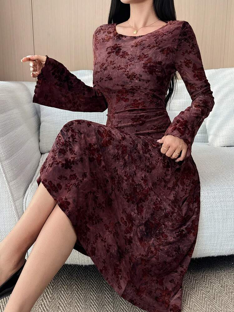 Women's Elegant Floral Print Round Neck Mid-Length Dress, Spring/Summer Wedding Guest Dress Sundress
