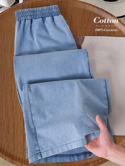 Rusticease Casual Going Out Women's Casual Solid Color Minimalist Pants 100% Cotton Distressed Blue Wide-Leg Trousers With A Washed Finish Summer Outfit For Women Spring Break Outfits Vacation Outfits Women
