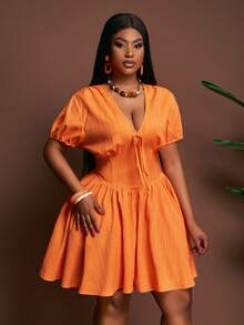 Slaydiva Summer Orange Vacation Holiday Plus Size Mini Dress,Deep V-Neck Short Sleeve Fitted A-Line Woven Texture Fabric Elegant Party Wedding Graduation Dress - Orange - View 7