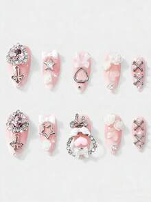ROMWE Kawaii 10片可爱蝴蝶结、爱心、玫瑰、星星元素假指甲 + 3卷双面胶，粉色Y2K风格钻石美甲，中长杏仁形，适合派对和日常佩戴 - 彩色 - 查看 2