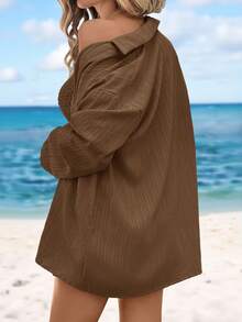 Sylviya 女士休闲度假三件套：开衫、抹胸上衣和短裤 - 棕色 - 查看 2