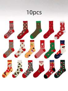 10/20/30/40只装随机棉袜，麋鹿、雪人图案 – 秋冬中筒袜 - 彩色 - 查看 3