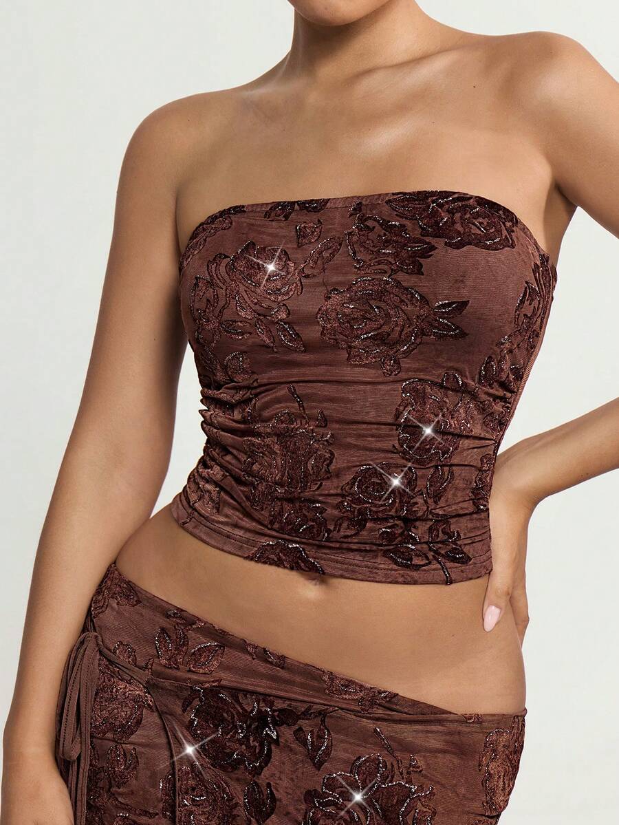 SHEIN ICON Áo quây nữ Y2K màu nâu gợi cảm, họa tiết hoa, đính sequin, thích hợp cho các buổi hòa nhạc hoặc câu lạc bộ. - màu nâu - Xem 1