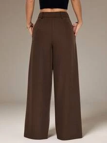 SHEIN PETITE Women's Solid Color High Waist Pockets Wide Leg Loose Pants, Suitable For Spring/Summer, Daily Wear, Commuting - Coffee Brown - View 2