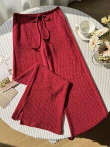 Comfortcana 酒红色女士夏季针织条纹裤 - 酒紅色 - 查看 4