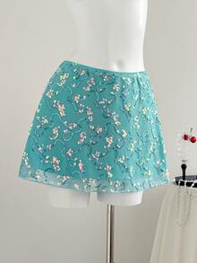 Elamini Falda corta de paraguas bordada en malla de estilo chino sexy, minifalda de verano para mujer - Azul - Ver 4