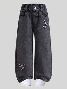 SHEIN Casuvi Kids Quần jeans ống đứng cạp chun đính đá hình trái tim phong cách đường phố trẻ trung dành cho nữ, quần jeans thêu nơ thời trang hàng ngày, quần jeans ống rộng thêu nơ. - màu đen - Xem 9