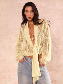 SHEIN Glamour 优雅通勤纯色系带女式衬衫 - 黃色 - 查看 7