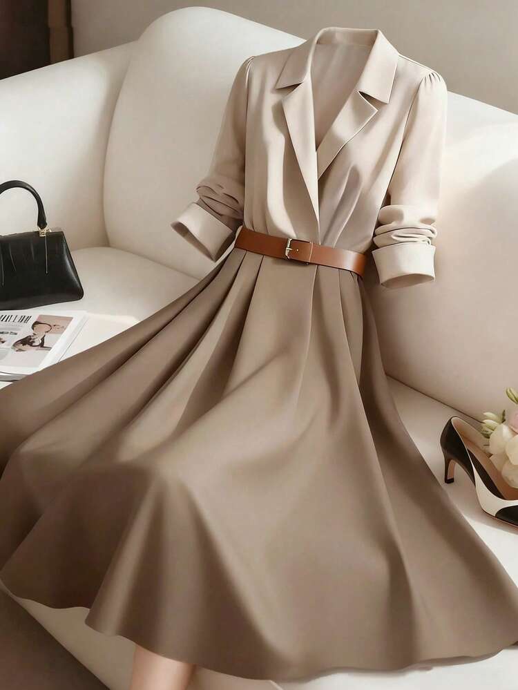 GlowEve CURVE Vestido camisa de manga larga con bloque de color, parches y corte evasé, elegante para uso diario, estilo francés vintage, versátil para negocios y vacaciones, otoño/invierno - Multicolor - Añade 1