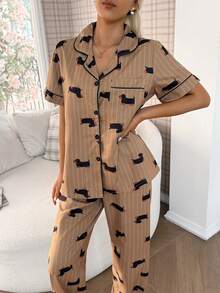 SHEIN Napfluff 可爱春季口袋前扣动物印花短袖裤女式睡衣套装，家居服 - 彩色 - 查看 6