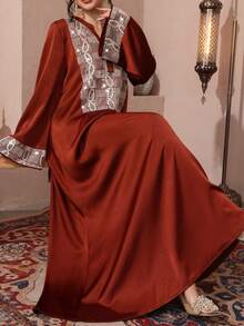 SHEIN Najma Elegant Pearl Embellished Fabric Patchwork Satin Long Sleeve Maxi Dress, Turkish & Arabic Traditional Abaya - Rust Brown - View 6