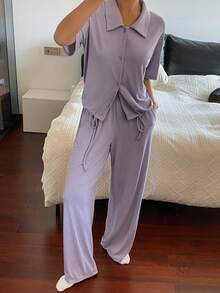 DAZY Ensemble de vêtements de détente pour femmes en tricot de couleur unie avec cordon de serrage à l'ourlet - Prune - Voir 4