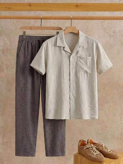 HIMLAND Men's Solid Color Minimalist Casual Short Sleeve Shirt And Pants Set Daily Essential Wardrobe Staple Basic Style All-Match Style Go-To Piece Mix-And-Match Item Casual Versatile Style  Multi-Piece Set 2-Piece Set