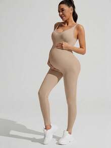 SHEIN Solid Color Sleeveless Maternity Jumpsuit, Maternity Jumpsuit, Maternity Wear - Khaki - View 7
