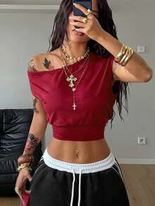 Coolane Women's Spring/Summer Concert Streetwear Rave Sport Homecoming Daily Wear Basic Casual Y2K Stretchy Asymmetrical Neck Cropped T-Shirt - Burgundy - View 3