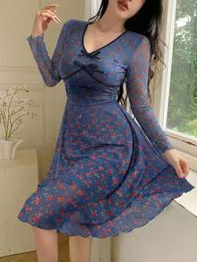 Feyla 女士优雅碎花蝴蝶结装饰收腰连衣裙，秋季 - 藍色 - 查看 2