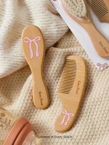 Cozy Pixies Baby Care Tools Two-Piece Set Soft Hair Comb Brush, Wool Bow Wooden Comb Brush, Gently Remove Hair Tangles, Newborn Comb Brush - Multicolor - View 1