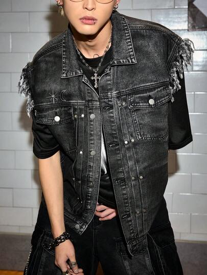 ROMWE MEN Street Life Men's Star & Moon Embroidered Single-Breasted Pocket Frayed Hem Casual Denim Vest