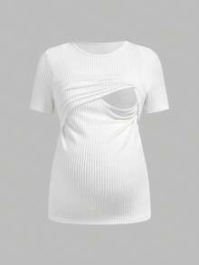 SHEIN Maternity & Nursing Casual Ribbed Crew Neck Short Sleeve Top, Summer - Green - View 4