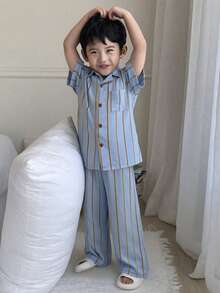 DAZY Young Boy Striped Soft Knit Single-Breasted Short Sleeve Top And Wide Leg Pants Casual Loungewear Pajama Set - Blue - View 4