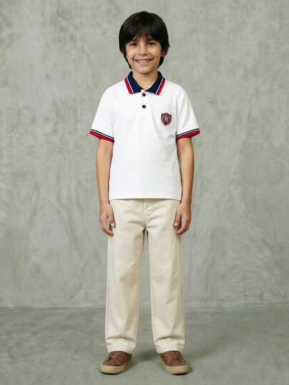 Casuvi Kids Teenage Boys' Khaki Casual Straight Leg Pants, Comfortable Fabric, Left Pocket With Small Flag Print, Stylish And Classic Design, Suitable For School And Commute Tween Boy Clothes Pants