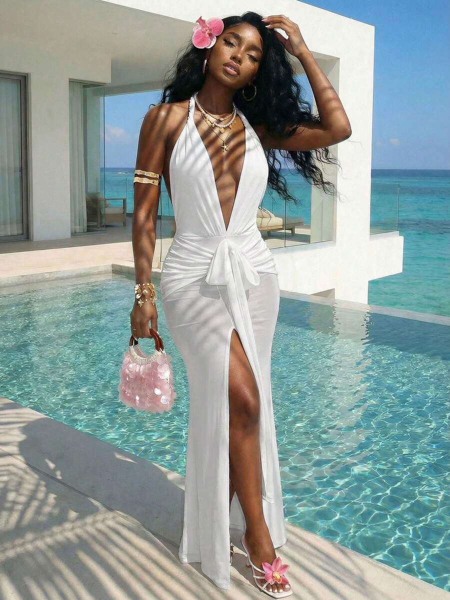 Slaydiva 优雅、浪漫又性感的长裙，饰有打结细节，完美适用于春夏度假、海滩派对、约会、生日派对、婚礼和游艇之旅。 - 白色 - 查看 1