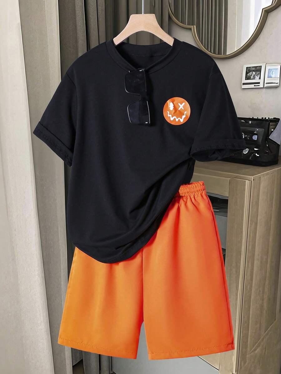 SHEIN 两件套青少年男童黑色T恤和绿色休闲短裤，时尚套装 - 橘色 - 查看 1