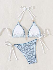 Swim Mod Women Hollow Out Blue Shell Floral Pearl Accented Sexy Style Triangle Bikini Summer - Blue and White - View 3
