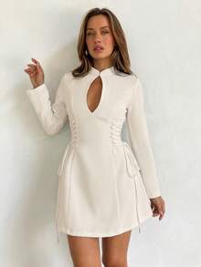 Aloruh 女士秋冬新款咖啡棕色旗袍领镂空迷你连衣裙，侧腰交叉系带A字裙 - 杏色 - 查看 7