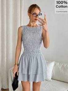 Siren Gaze Đầm ngắn không tay cổ tròn xếp nếp kẻ sọc dành cho nữ - Xanh và trắng - Xem 6
