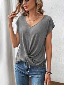 EMERY ROSE 女士休闲V领短袖纯色T恤，夏季圣帕特里克节 - 深灰色 - 查看 5