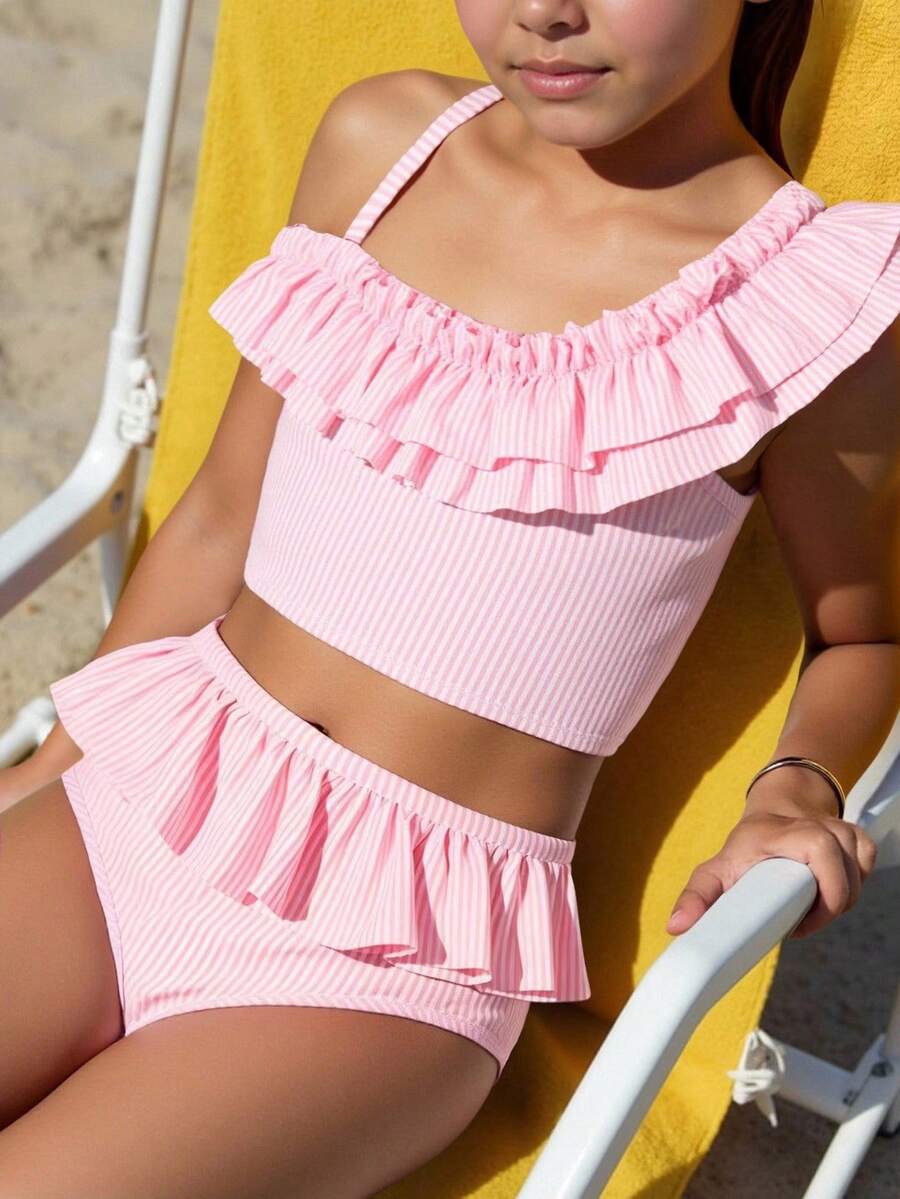 SHEIN Tween Girls Bikini Sets, Blue & White Striped Cute Ruffled Asymmetric Shoulder Adjustable Strap Ruffled Trim Triangle Swimsuit 2-Piece Swimwear Set - Pink - View 1