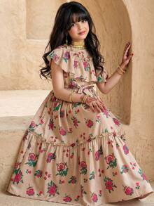 SHEIN Tween Girl Beige Flower Print Asymmetric Ruffle Trim A-Line Waist Belt Deco Khaki Floral Print Dress, Suitable For Girls Festivals, Family Gatherings And Special Occasions, Sibling Outfits Sisters Style Outfit, Cute & Elegant & Sweet & Vintage & Fashionable. Spring And Summer, فساتين بنات, فساتين بنات جلابياتjalabiya  عباياتabaya  الملابس التقليدية العربية - Khaki - View 1