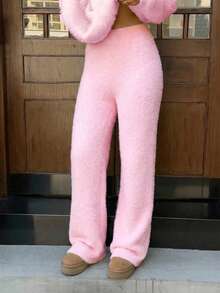 SHEIN EZwear 女士纯色高腰休闲阔腿针织裤，冬季 - 粉色 - 查看 6