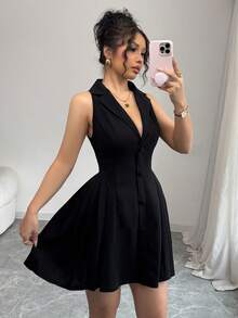 SHEIN PETITE New Casual Elegant Vacation Beach Party Deep V-Neck Sleeveless Waist-Cinched Black Mini Dress For Women, Spring/Summer - Black - View 7