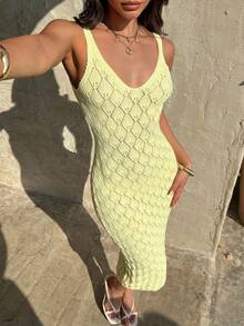 Selianne Elegant Vacation V-Neck Backless Hollow Out Fitted Long Knit Dress, Light Yellow, Spring/Summer - Light Yellow - View 6