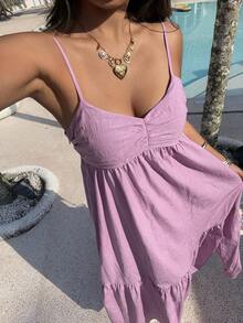 DAZY 棉质荷叶边吊带裙，粉色，适合海滩派对、度假、夏季穿着 - 粉色 - 查看 6