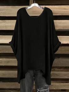 EMERY ROSE Plus Size Summer Casual Solid Color Batwing Sleeve Asymmetric Hem T-Shirt - Multicolor - View 3