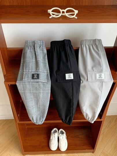 SHEIN 3件套买二送一 儿童男童休闲舒适带口袋抽绳宽松裤，运动套装，工装裤，黑色工装裤，灰色工装裤，基础款下装，Y2K套装，男童服装，男童套装，夏季裤装，适合春夏季节、郊游、情人节、约会、旅行、度假、家庭聚会、返校、婚礼、晚宴、运动、生日派对等场合