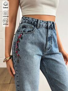SHEIN 100% Cotton Women's Denim Pants With Embroidery Detailed - Medium Wash - View 1