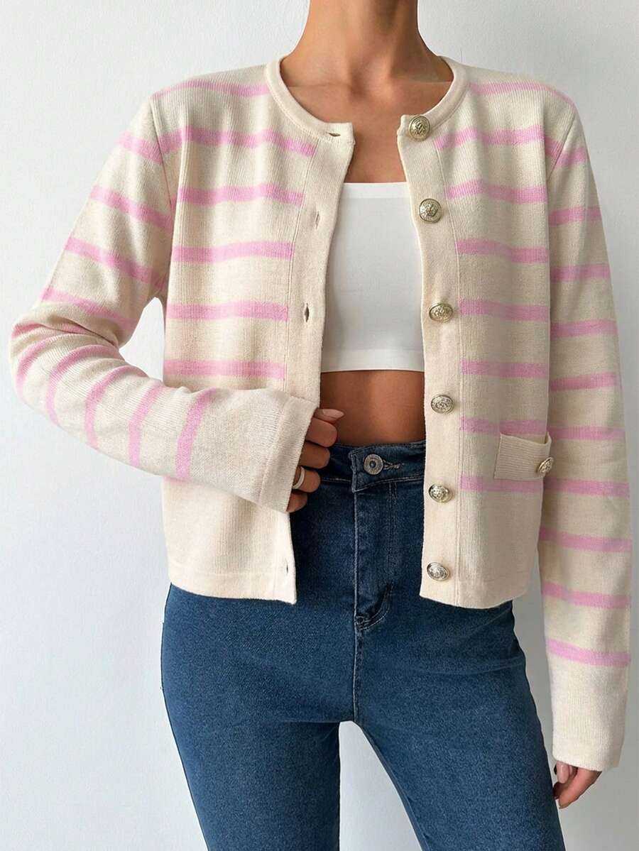 EURMUSE Striped Pattern Button Front Cardigan - Multicolor - View 1