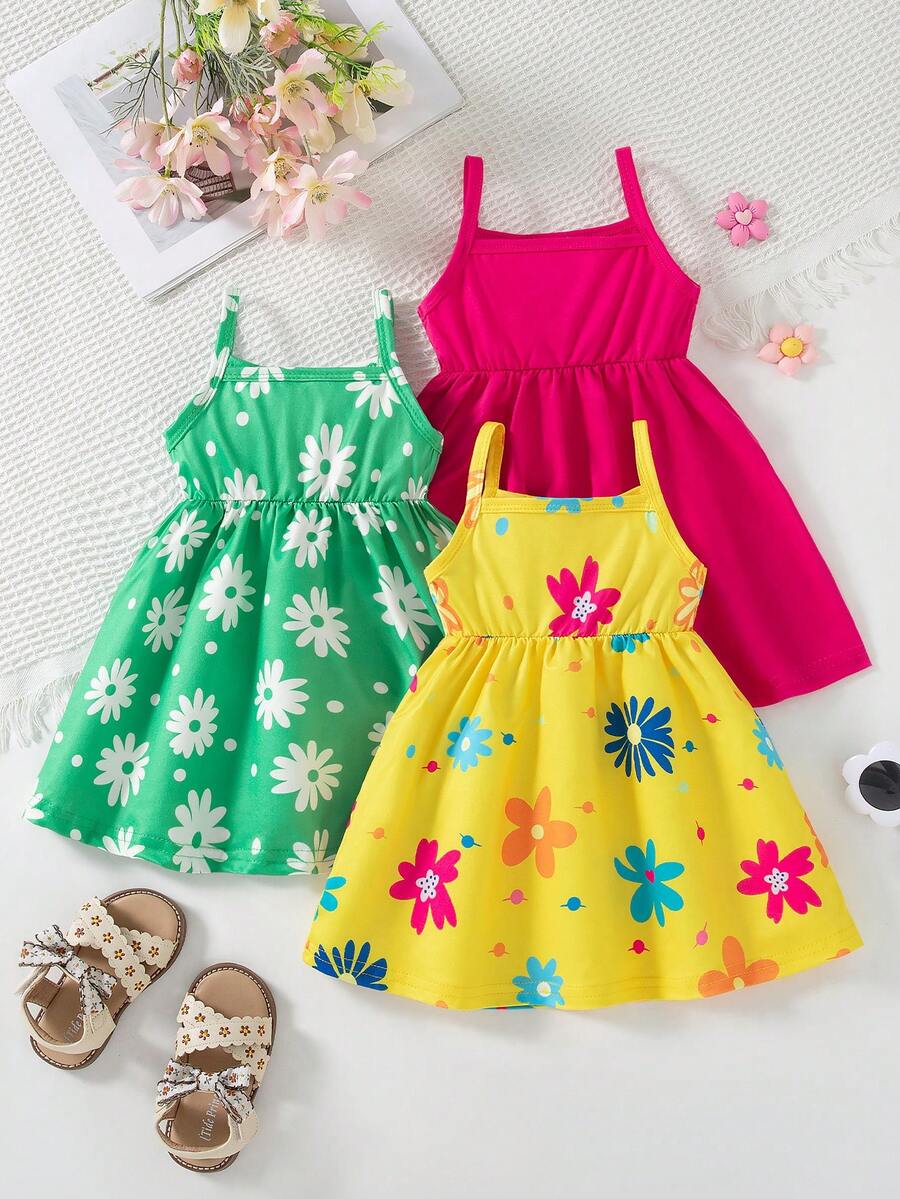SHEIN Playful Pals 3件套女婴夏季碎花无袖连衣裙和纯色连衣裙，田园风格，时尚可爱 - 彩色 - 查看 1
